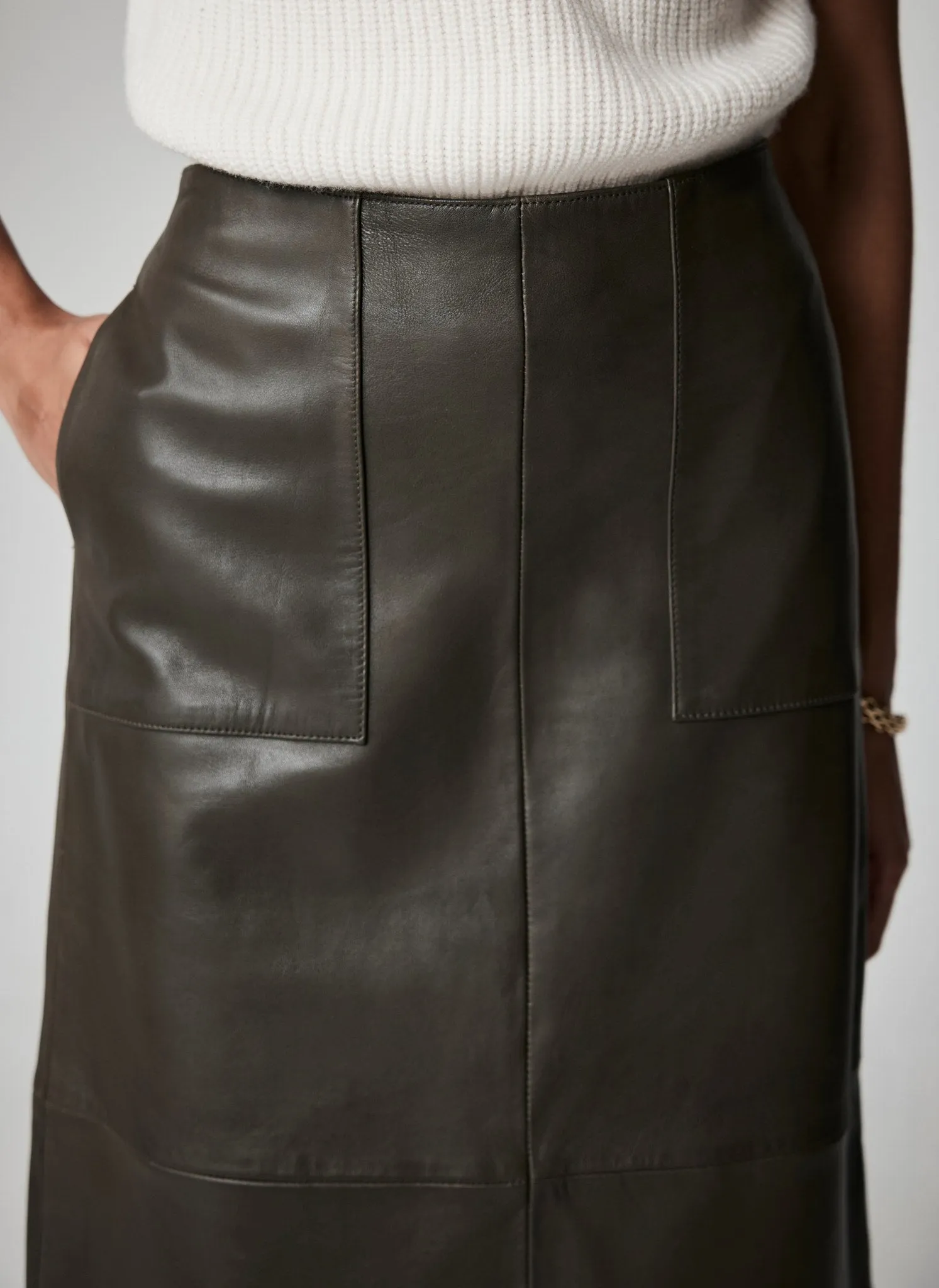 Khaki Leather Midi Skirt sold by Mint Velvet product image thumbnail 4