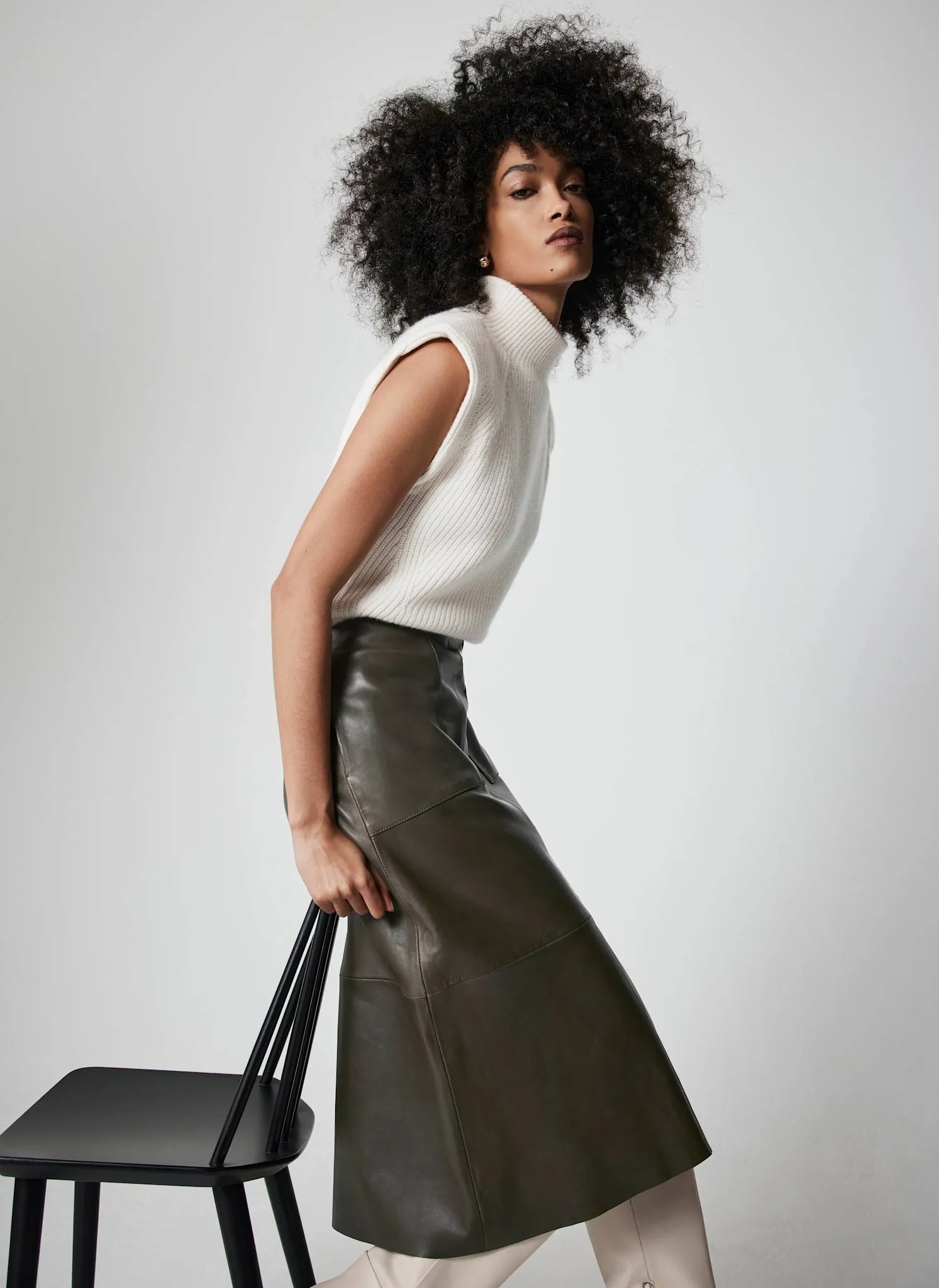 Khaki Leather Midi Skirt sold by Mint Velvet