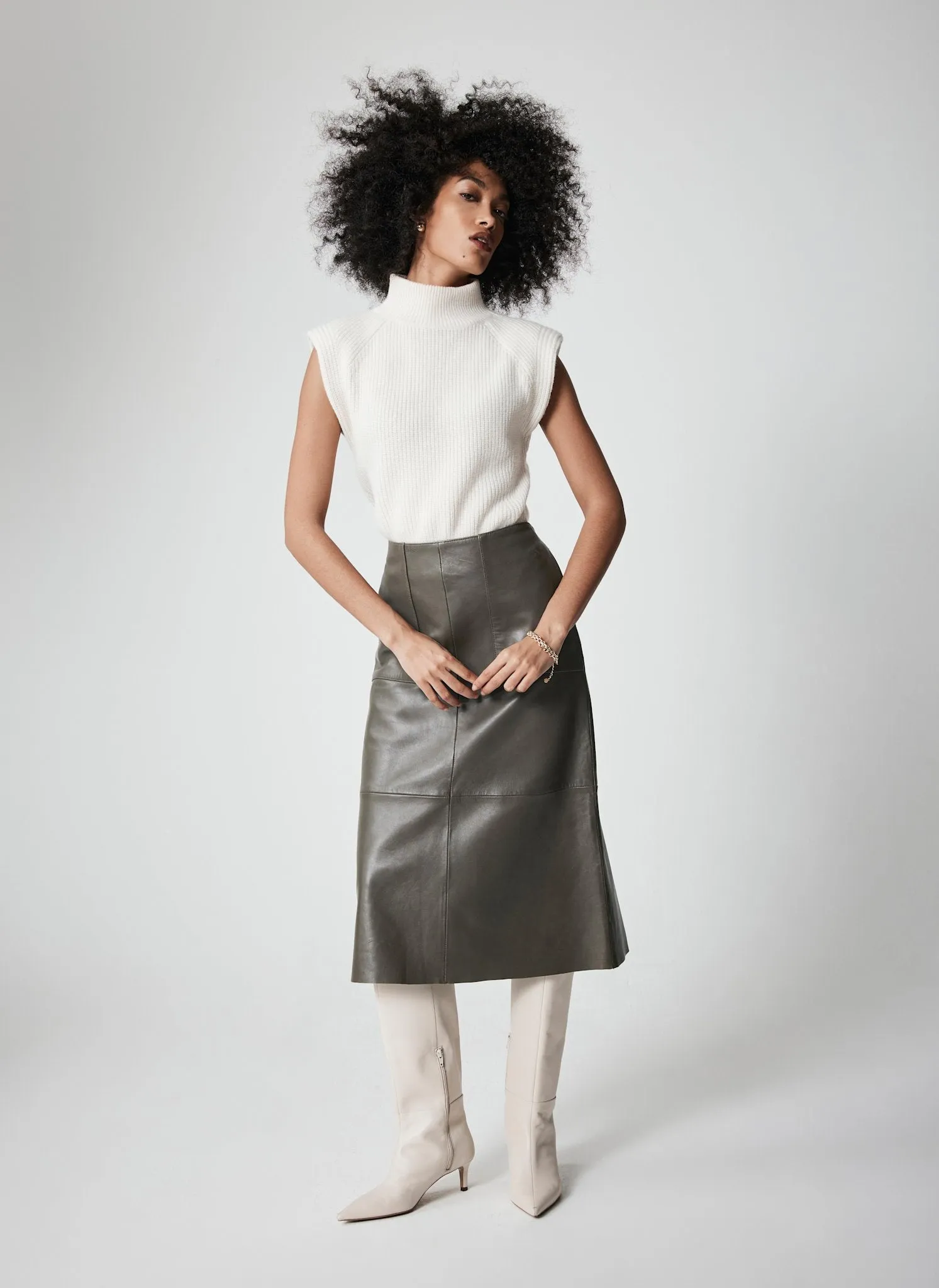 Khaki Leather Midi Skirt sold by Mint Velvet product image thumbnail 2