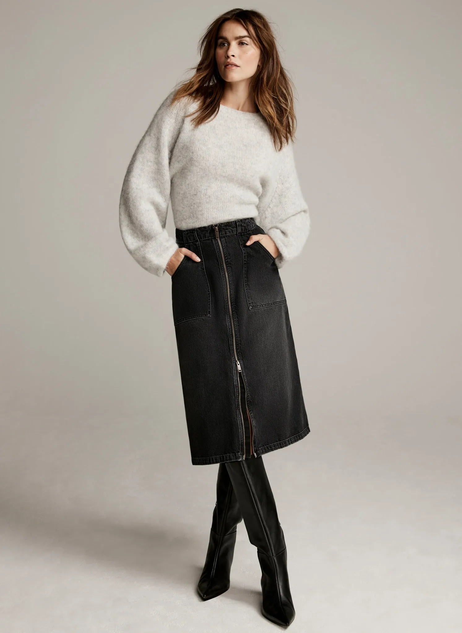 Washed Black Denim Zip Midi Skirt sold by Mint Velvet