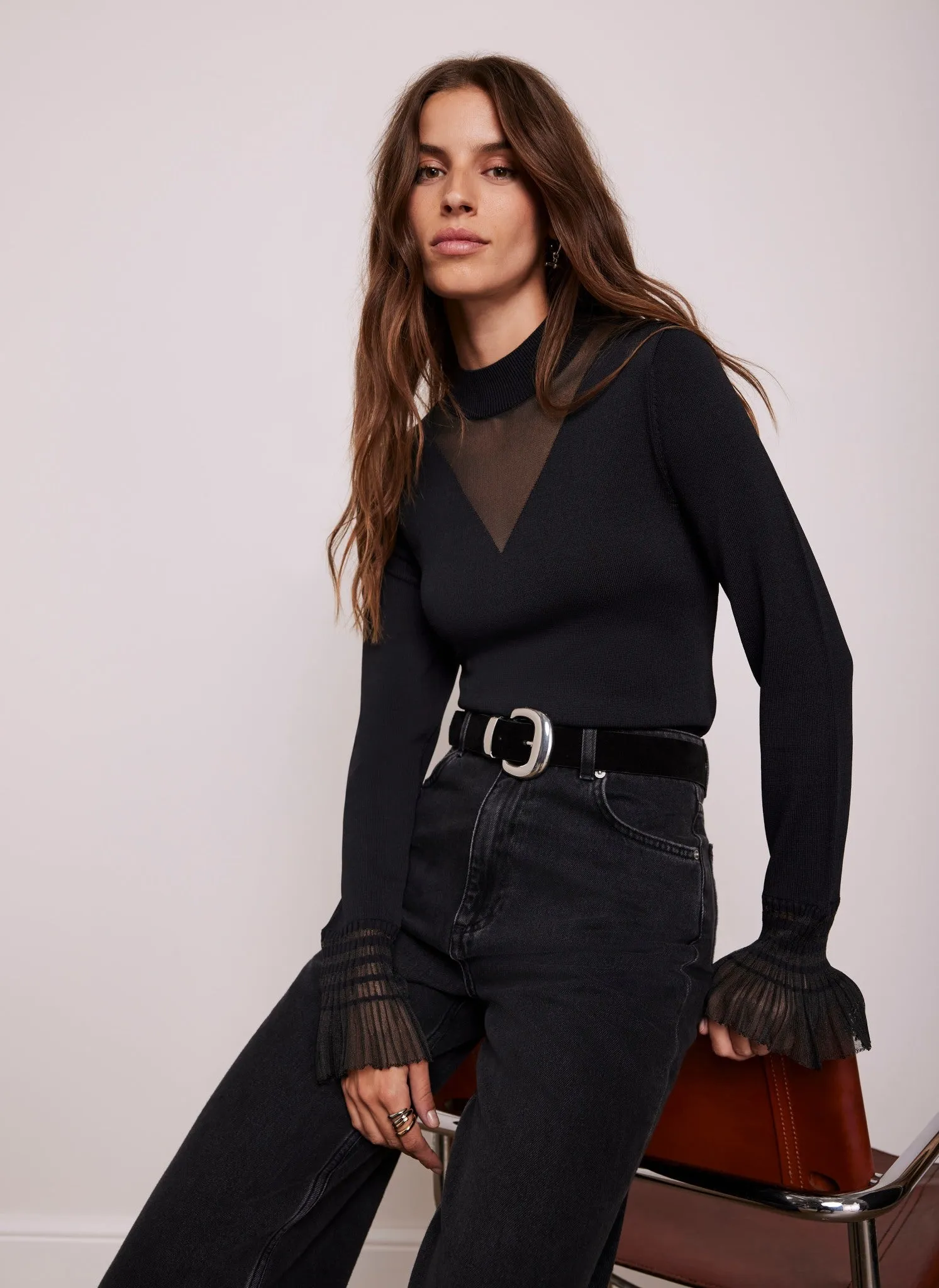 Black Tulle Cuff Knit Top sold by Mint Velvet