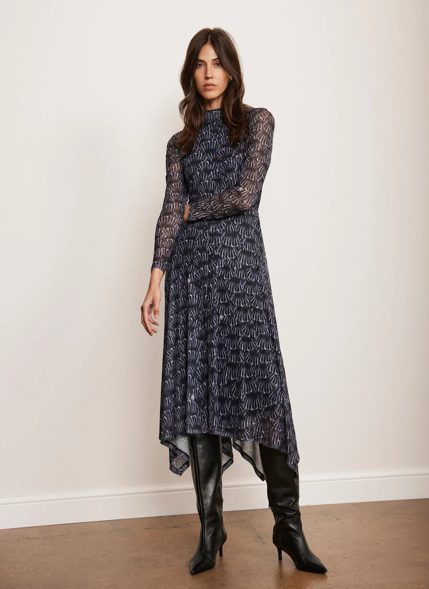 Black Printed Mesh Midi Dress sold by Mint Velvet