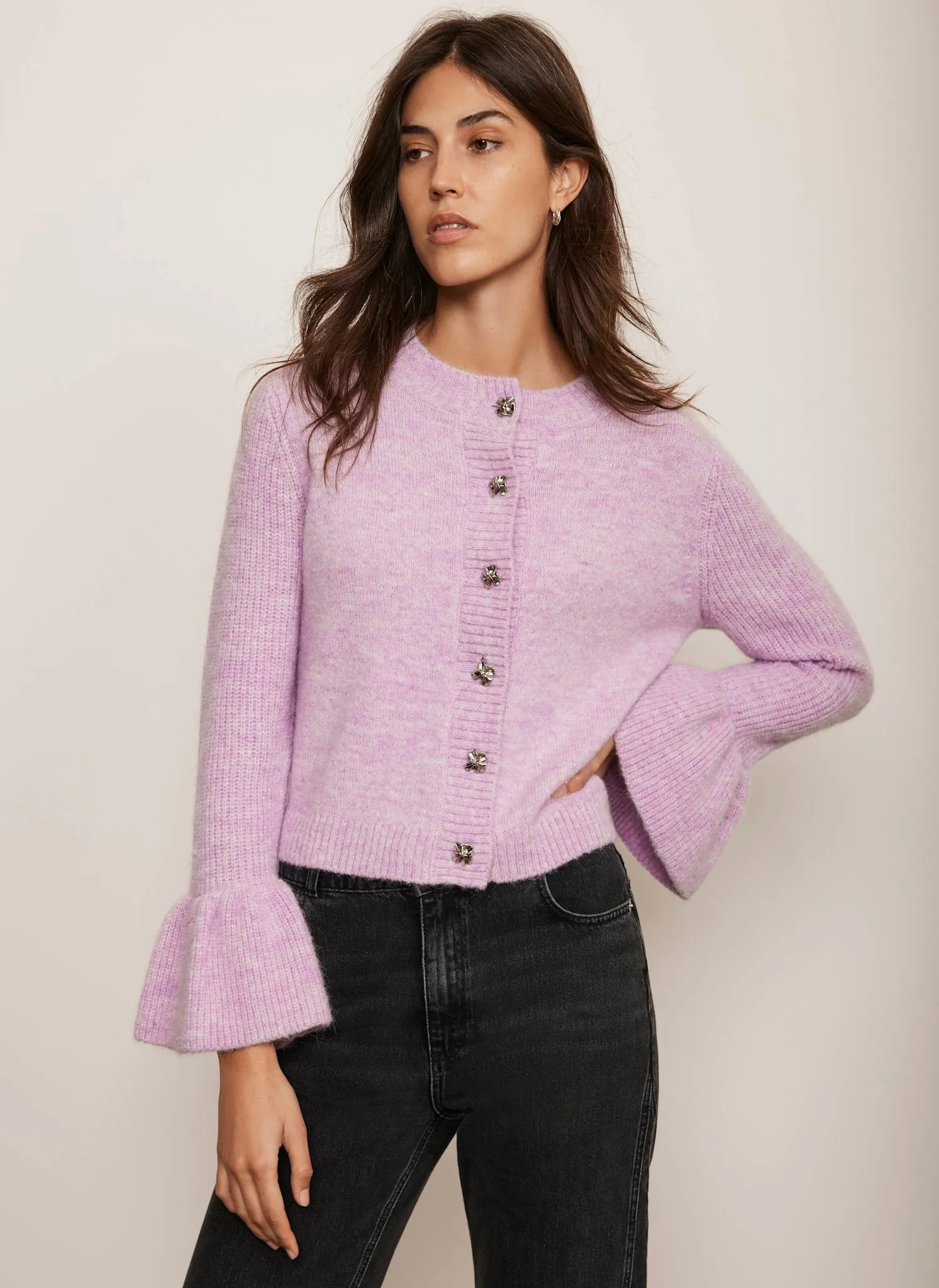 Lilac Fluted Sleeve Cardigan sold by Mint Velvet