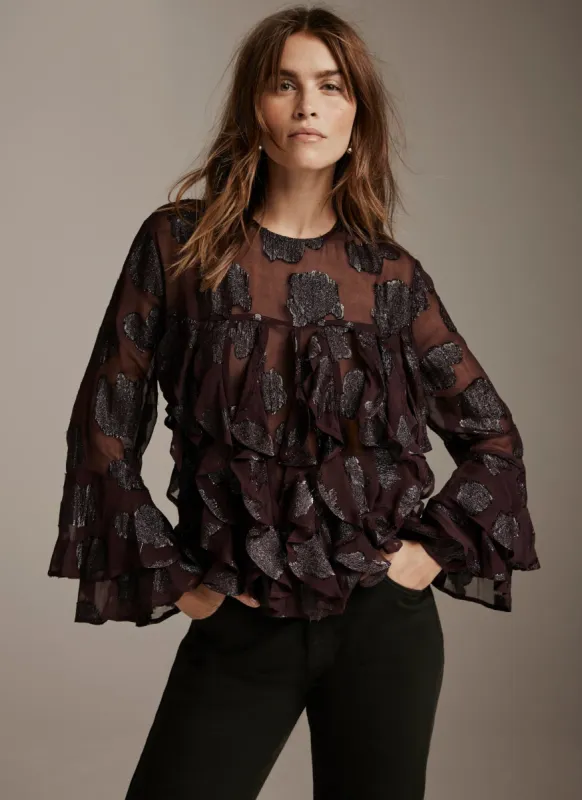 Burgundy Jacquard Ruffle Top sold by Mint Velvet