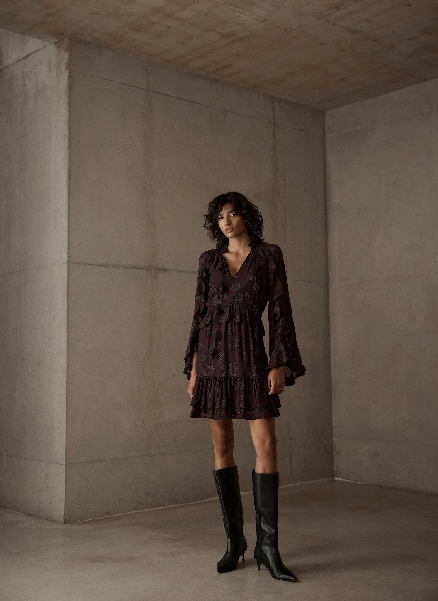 Burgundy Jacquard Ruffle Mini Dress sold by Mint Velvet product image thumbnail 5