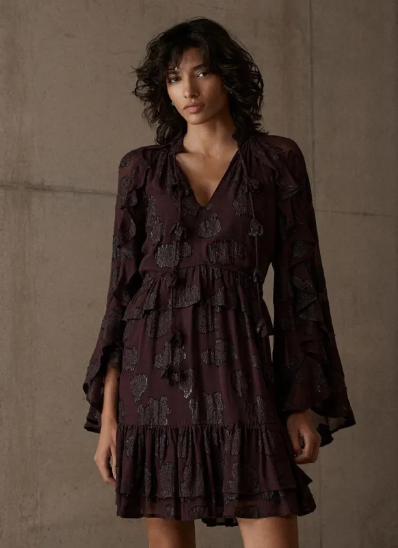 Burgundy Jacquard Ruffle Mini Dress sold by Mint Velvet