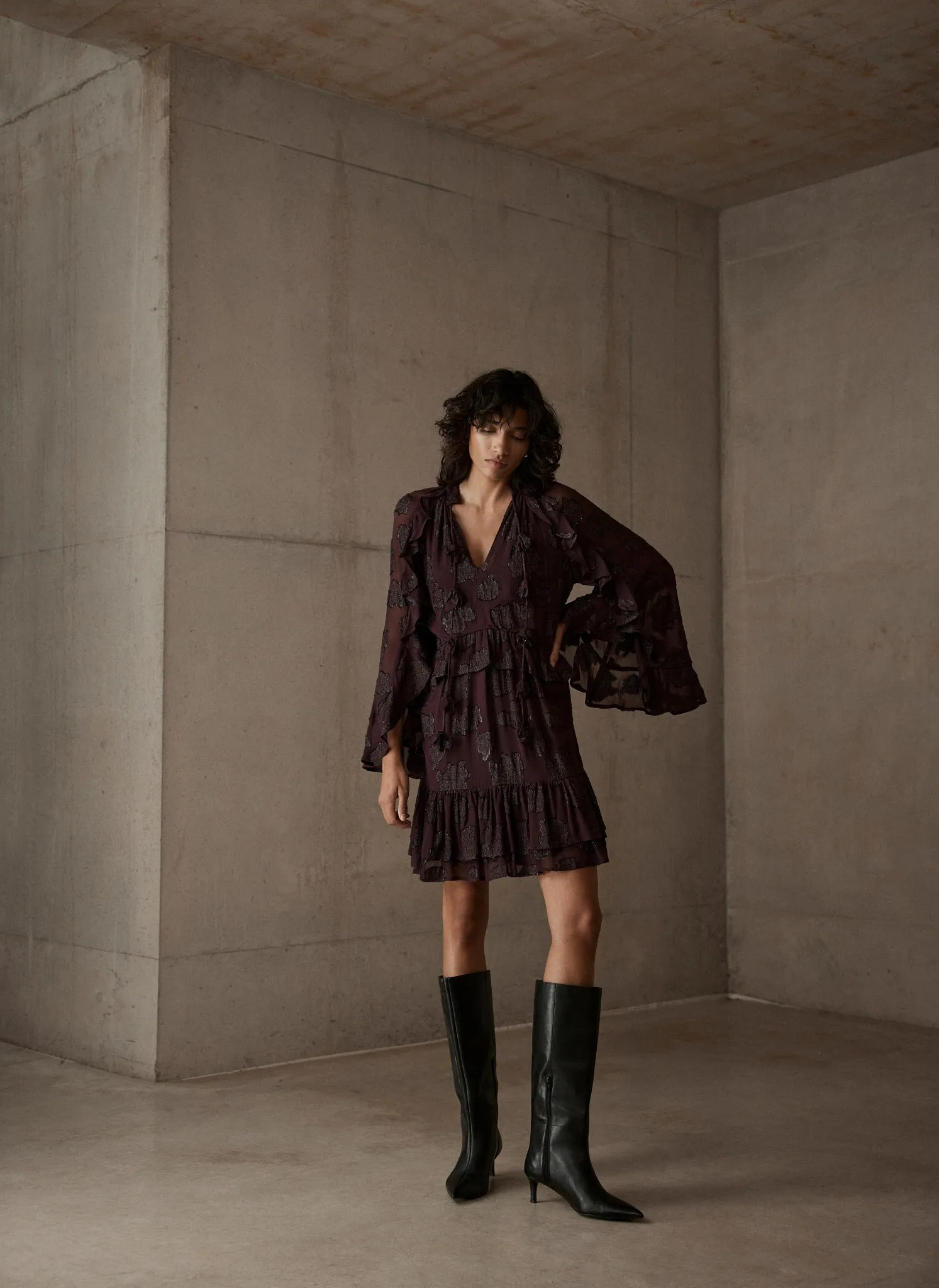 Burgundy Jacquard Ruffle Mini Dress sold by Mint Velvet product image thumbnail 2