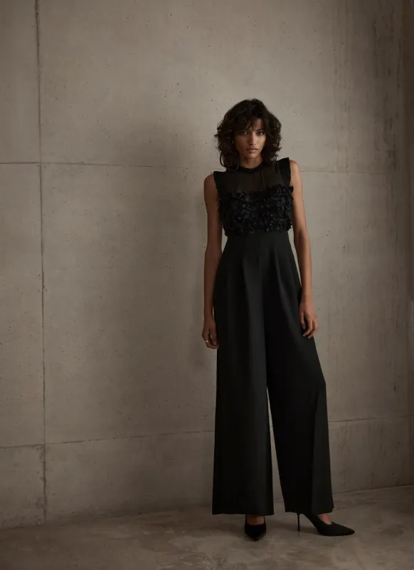 Black Textured Wide Leg Jumpsuit sold by Mint Velvet