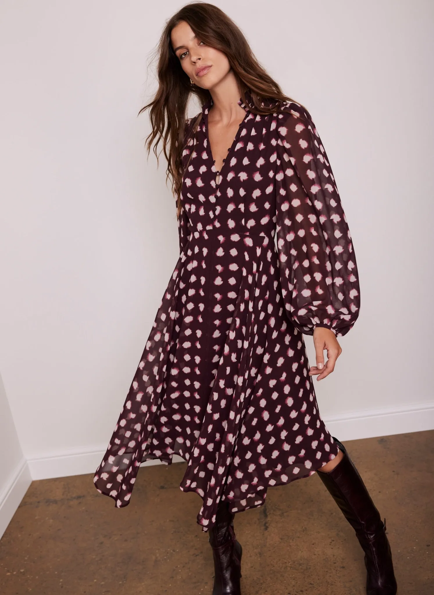 Burgundy Spot Print Midi Dress sold by Mint Velvet