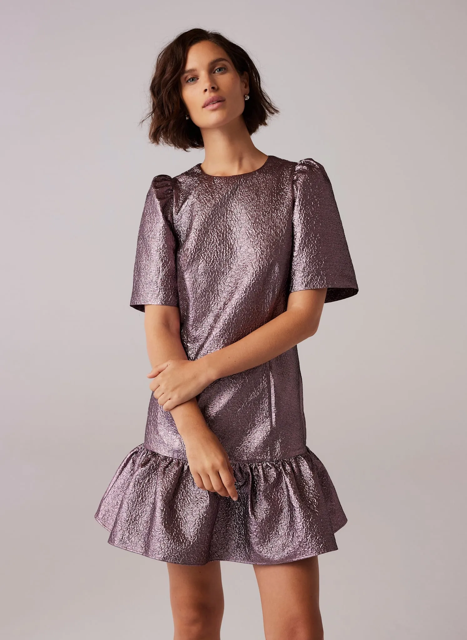 Pink Metallic Frill Mini Dress sold by Mint Velvet