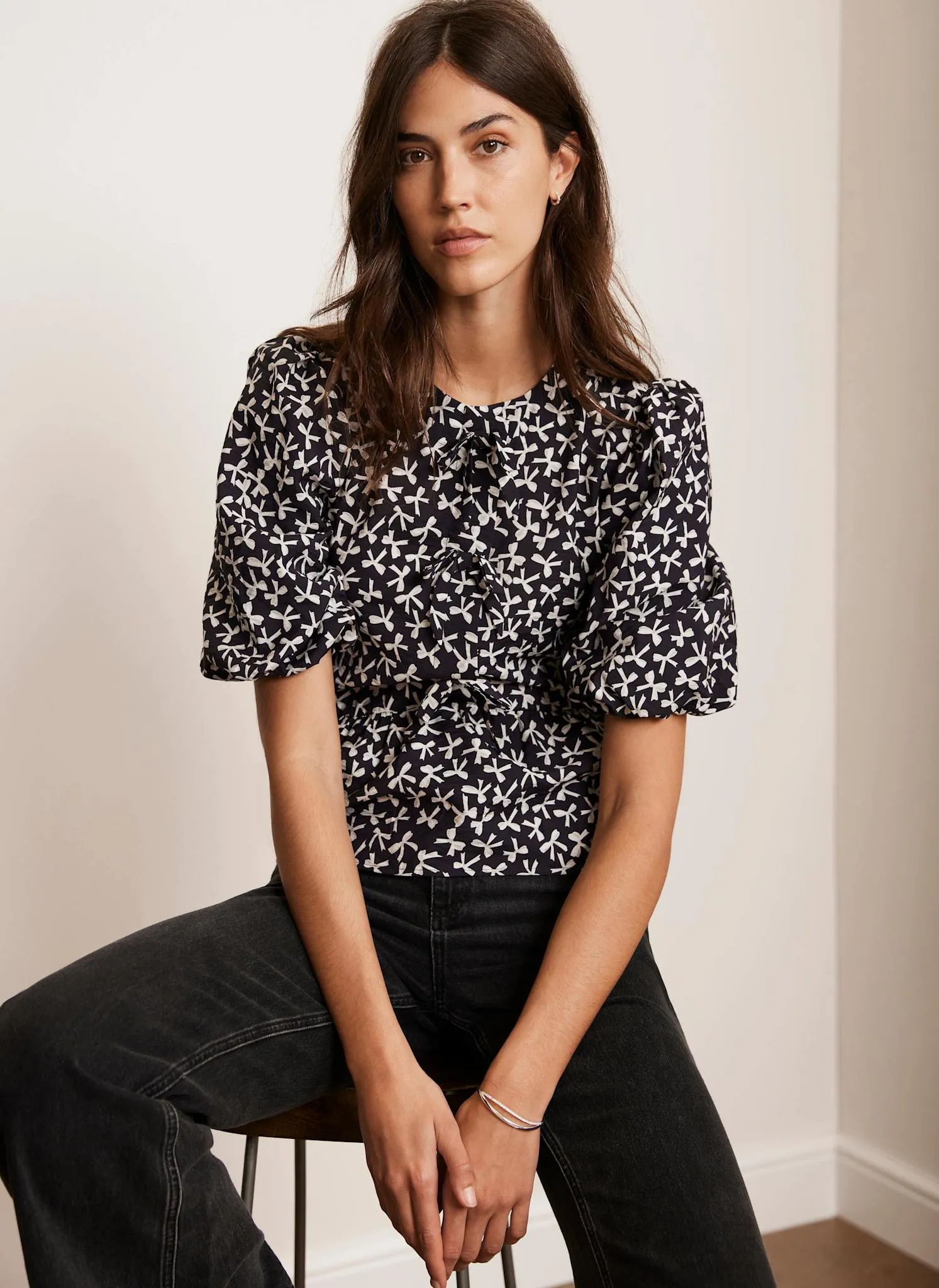 Black Bow Print Puff Sleeve Top sold by Mint Velvet
