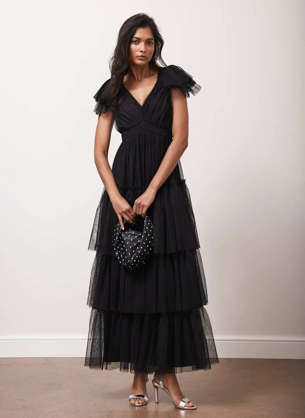 Black Spot Tulle Ruffle Maxi Dress sold by Mint Velvet