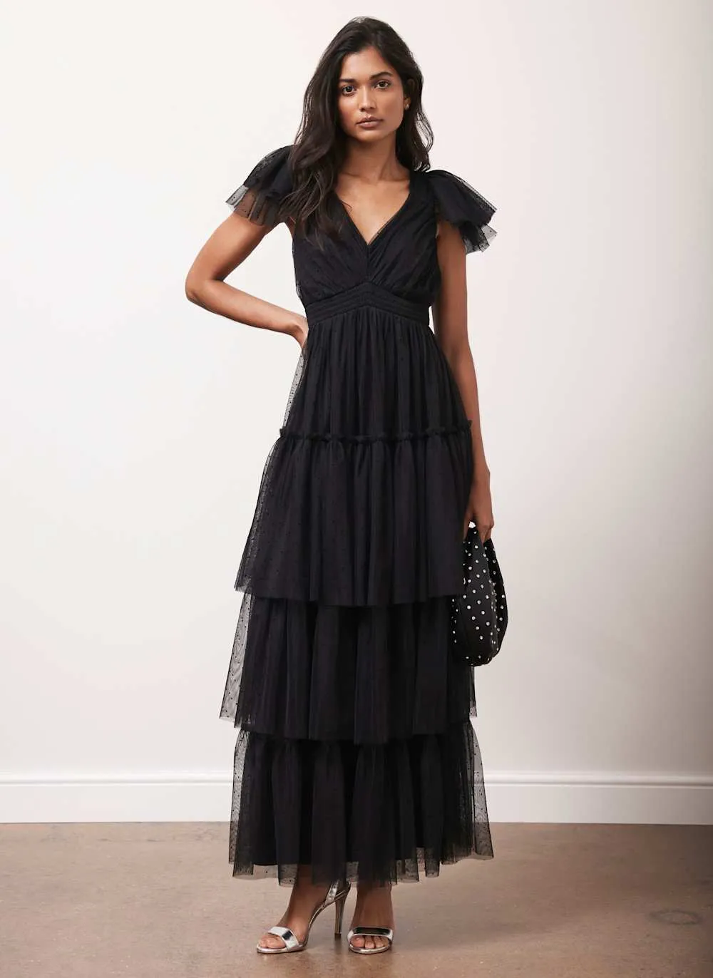 Black Spot Tulle Ruffle Maxi Dress sold by Mint Velvet product image thumbnail 4