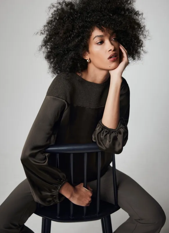 Khaki Wool Blend Satin Mix Knit Top sold by Mint Velvet