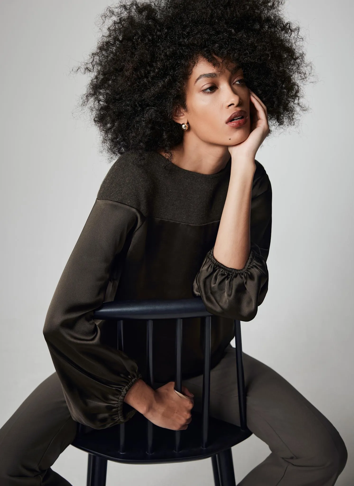 Khaki Wool Blend Satin Mix Knit Top sold by Mint Velvet