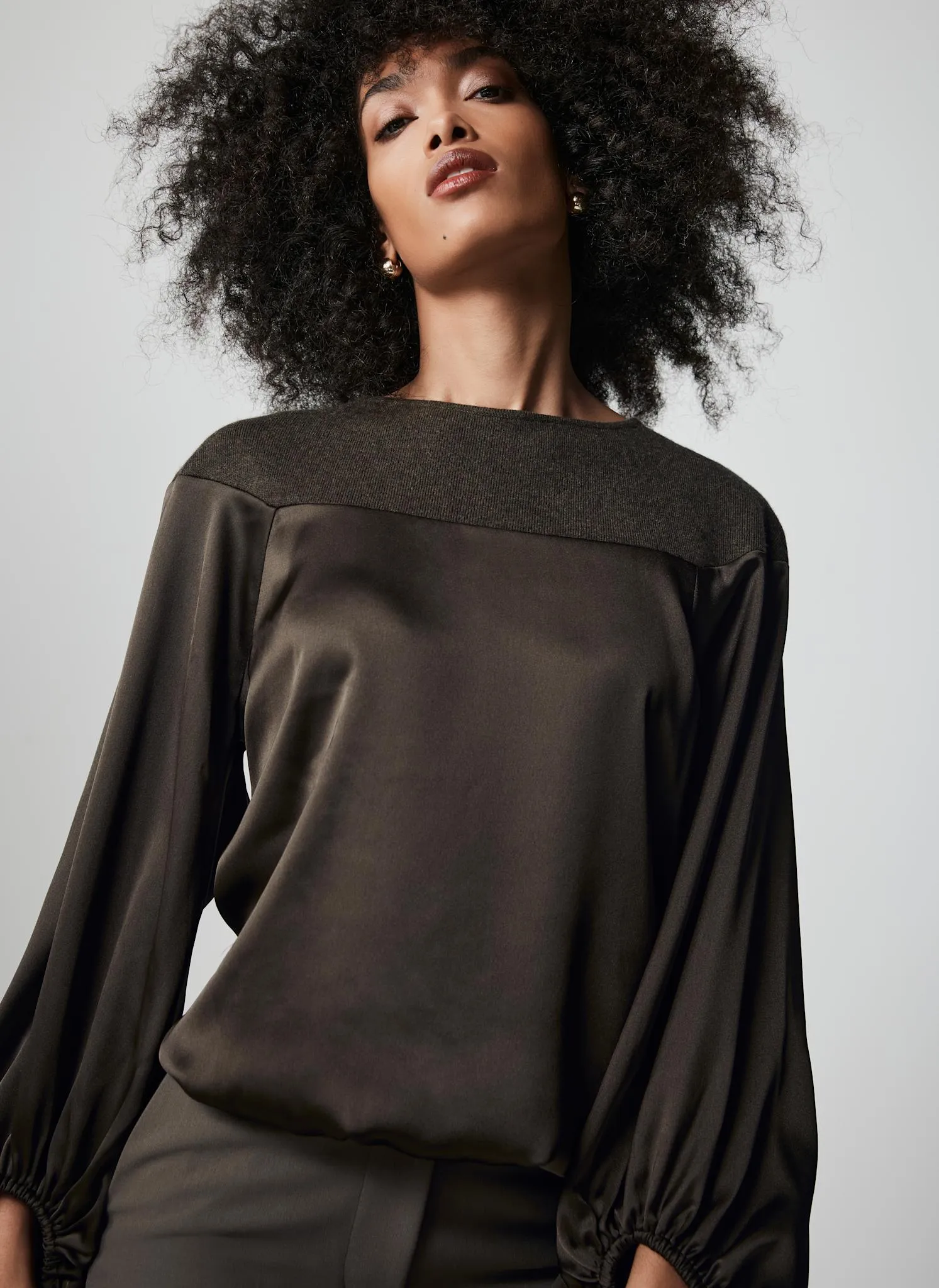 Khaki Wool Blend Satin Mix Knit Top sold by Mint Velvet product image thumbnail 2