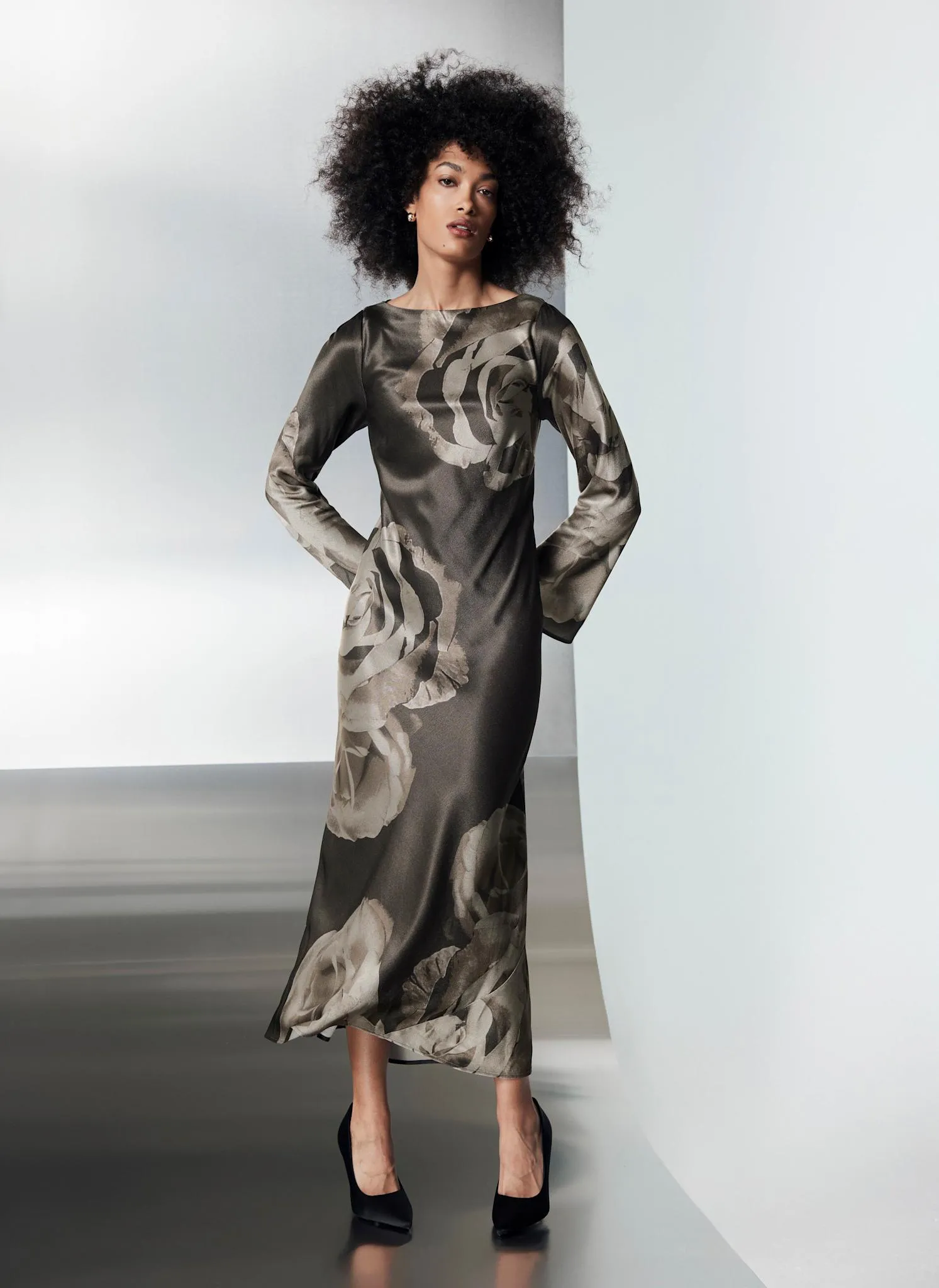 Grey Floral Print Satin Maxi Dress sold by Mint Velvet