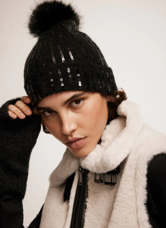 Black Sequin Wool Blend Pom Pom Hat sold by Mint Velvet