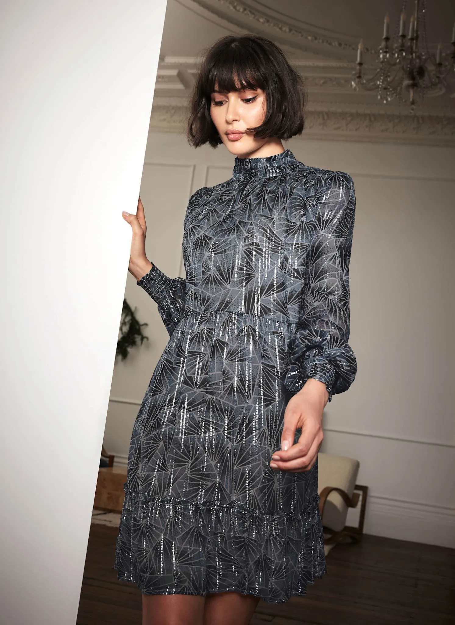 Blue Geometric Print Metallic Mini Dress sold by Mint Velvet product image thumbnail 3