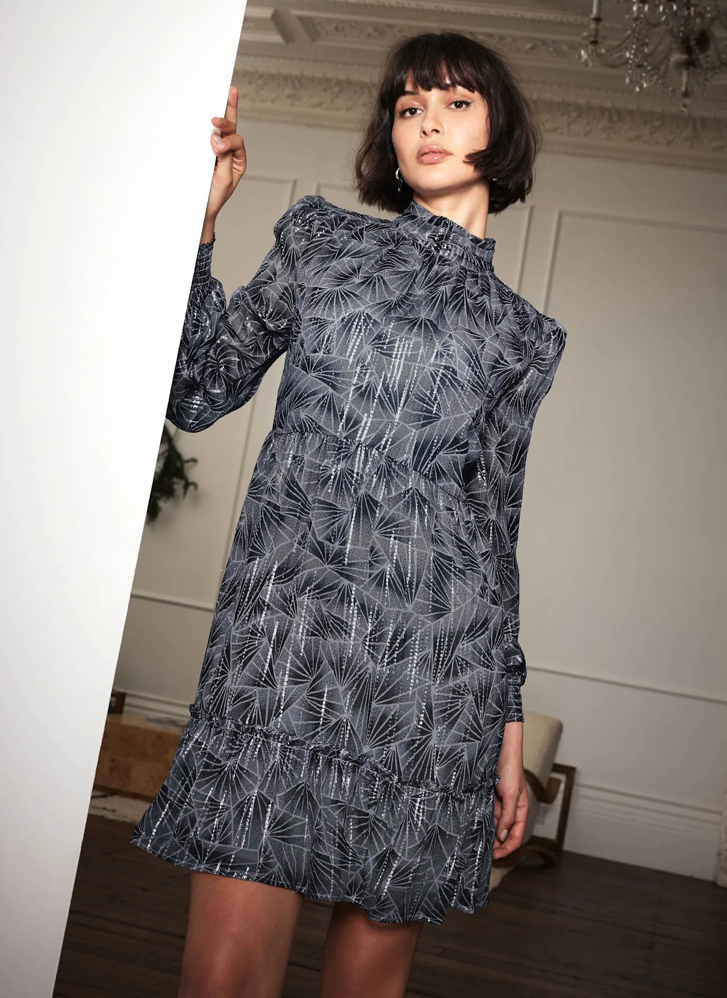 Blue Geometric Print Metallic Mini Dress sold by Mint Velvet