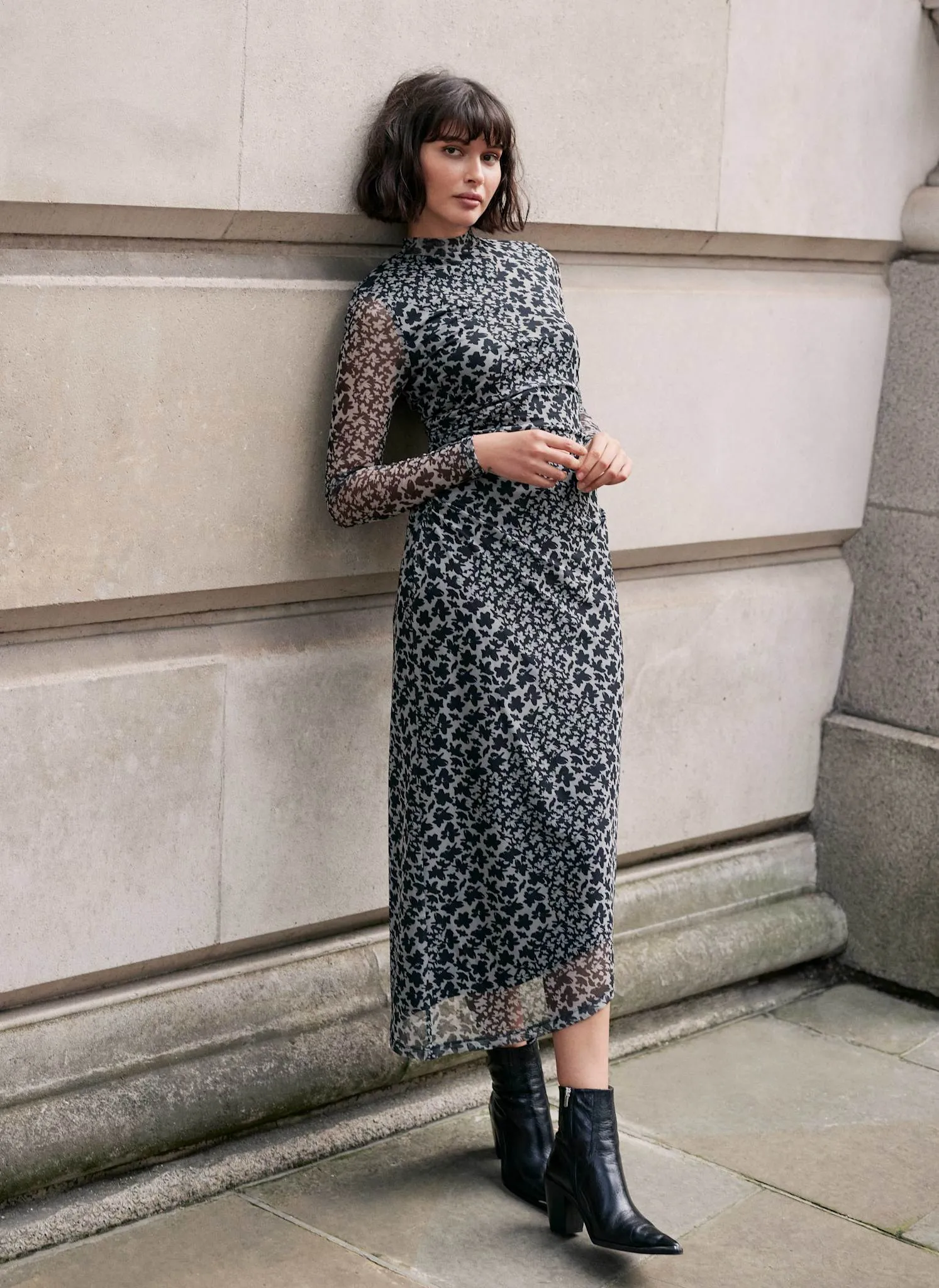 Black Floral Print Mesh Ruched Asymmetric Midi Dress sold by Mint Velvet