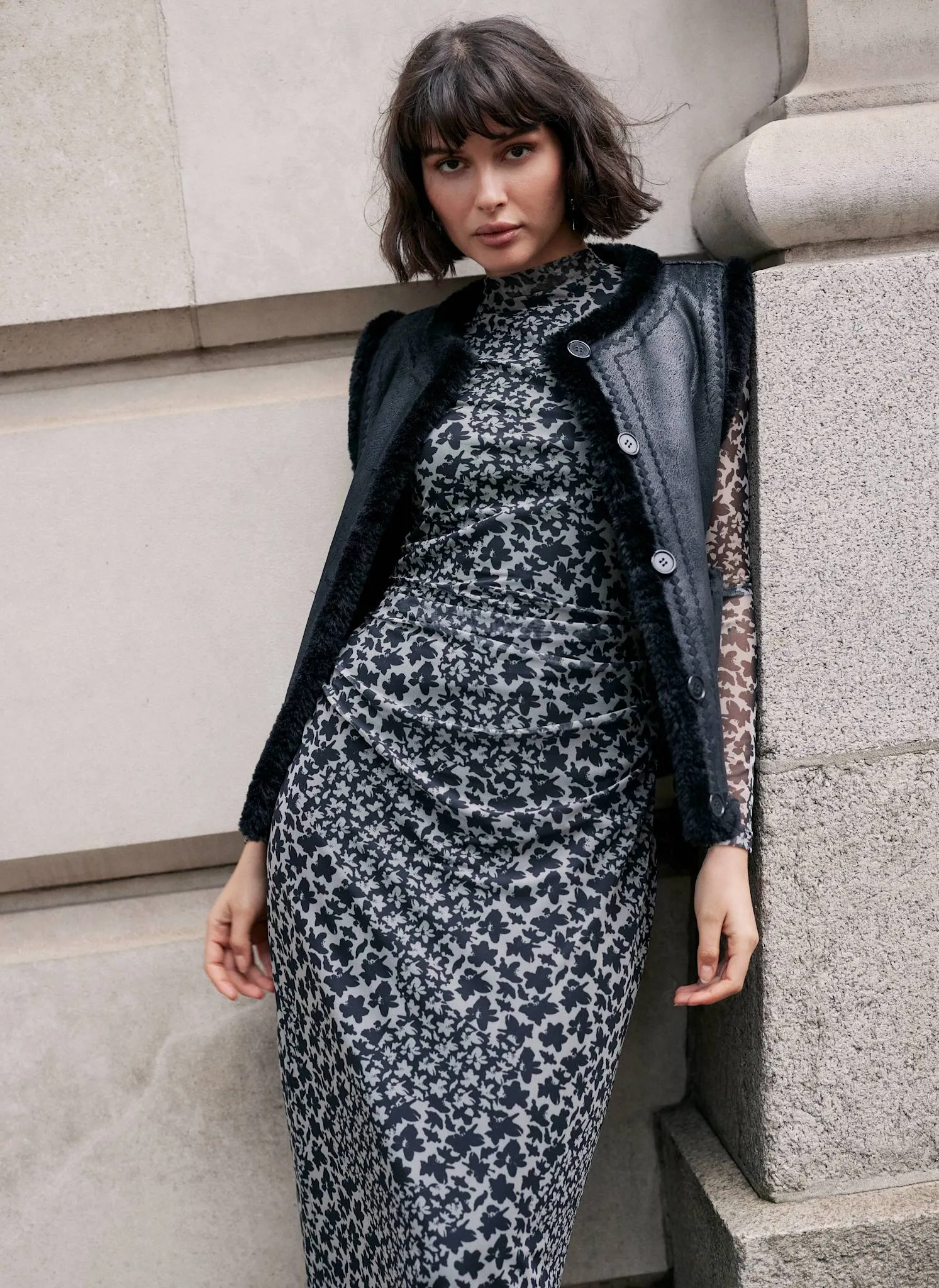 Black Floral Print Mesh Ruched Asymmetric Midi Dress sold by Mint Velvet product image thumbnail 4