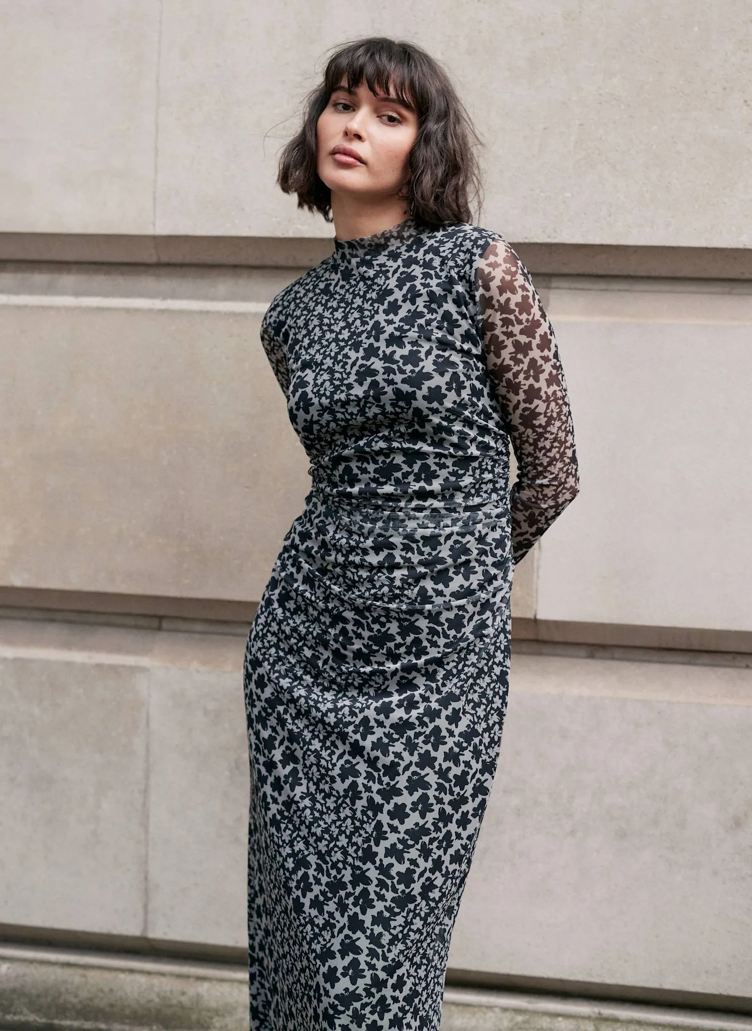 Black Floral Print Mesh Ruched Asymmetric Midi Dress sold by Mint Velvet product image thumbnail 2