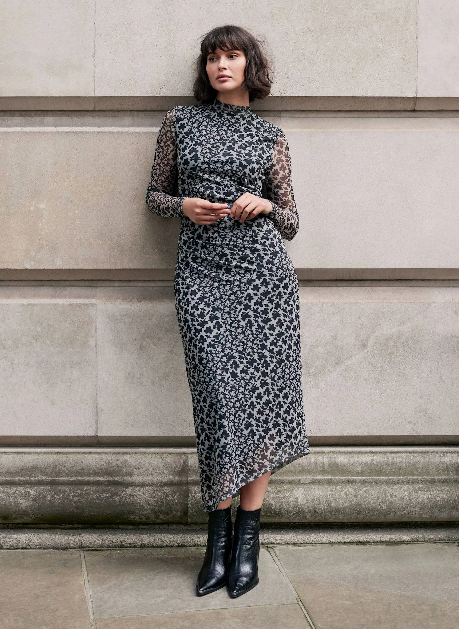 Black Floral Print Mesh Ruched Asymmetric Midi Dress sold by Mint Velvet product image thumbnail 3