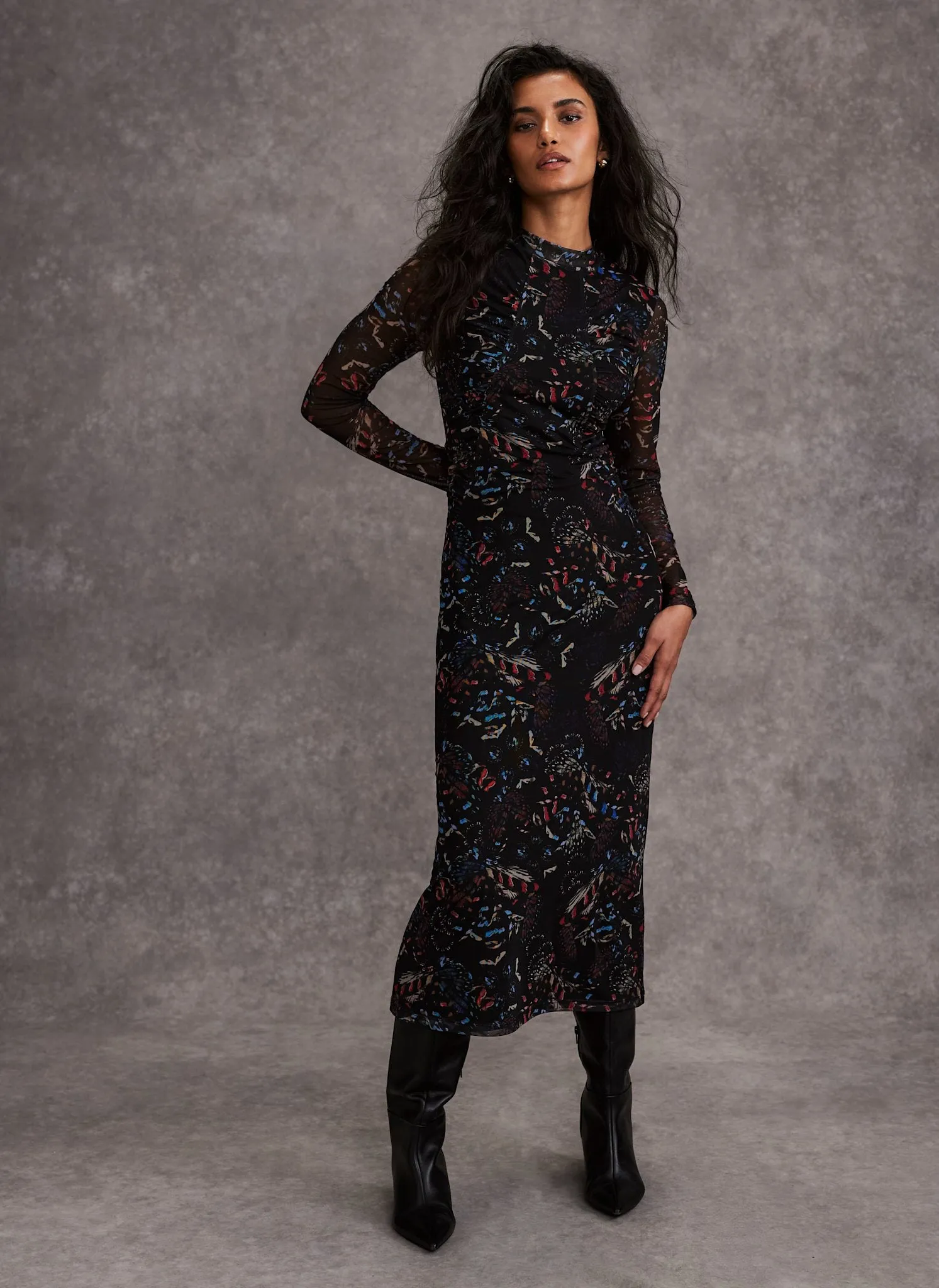 Black Abstract Print Mesh Midi Dress sold by Mint Velvet