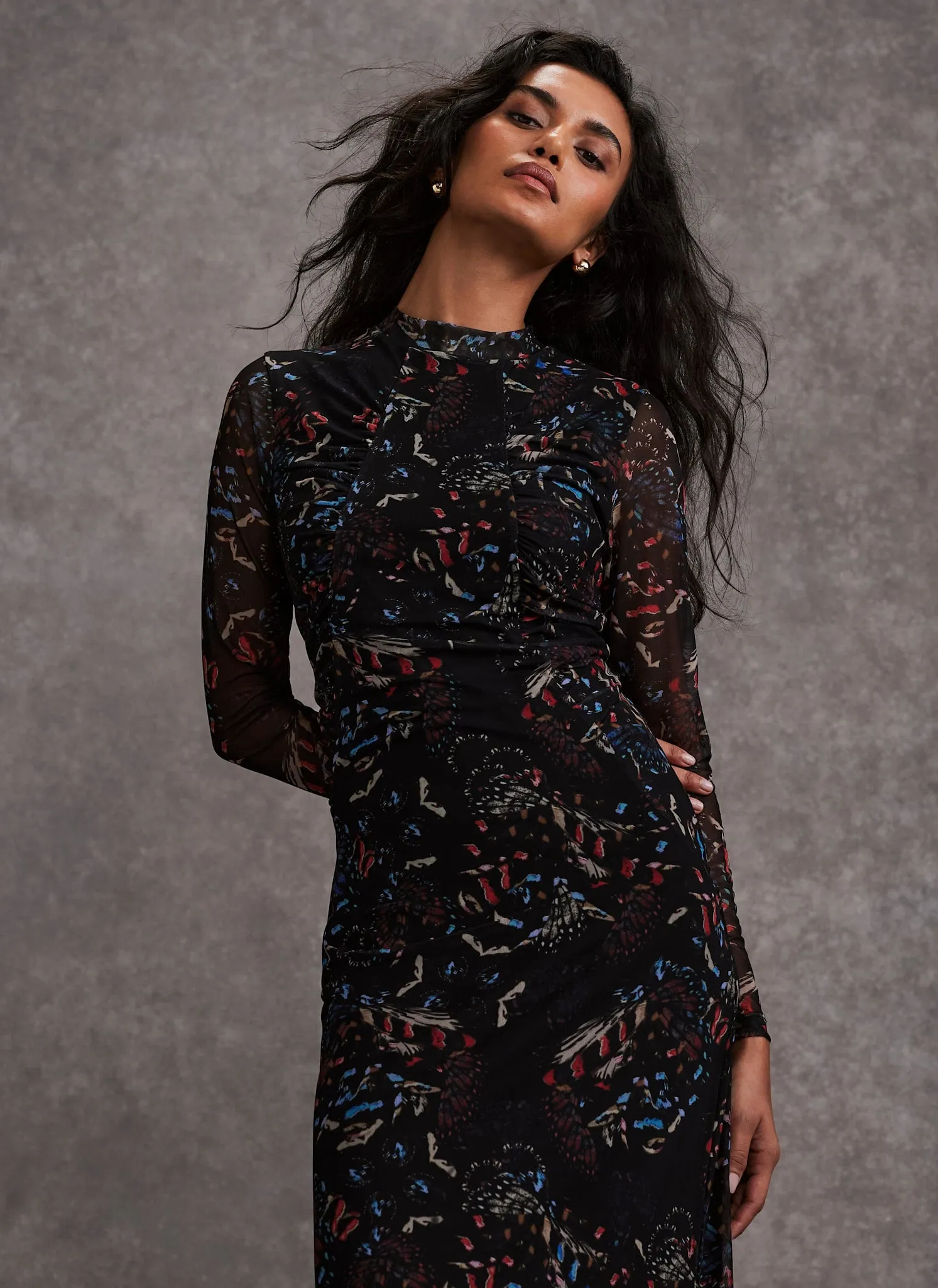 Black Abstract Print Mesh Midi Dress sold by Mint Velvet product image thumbnail 2