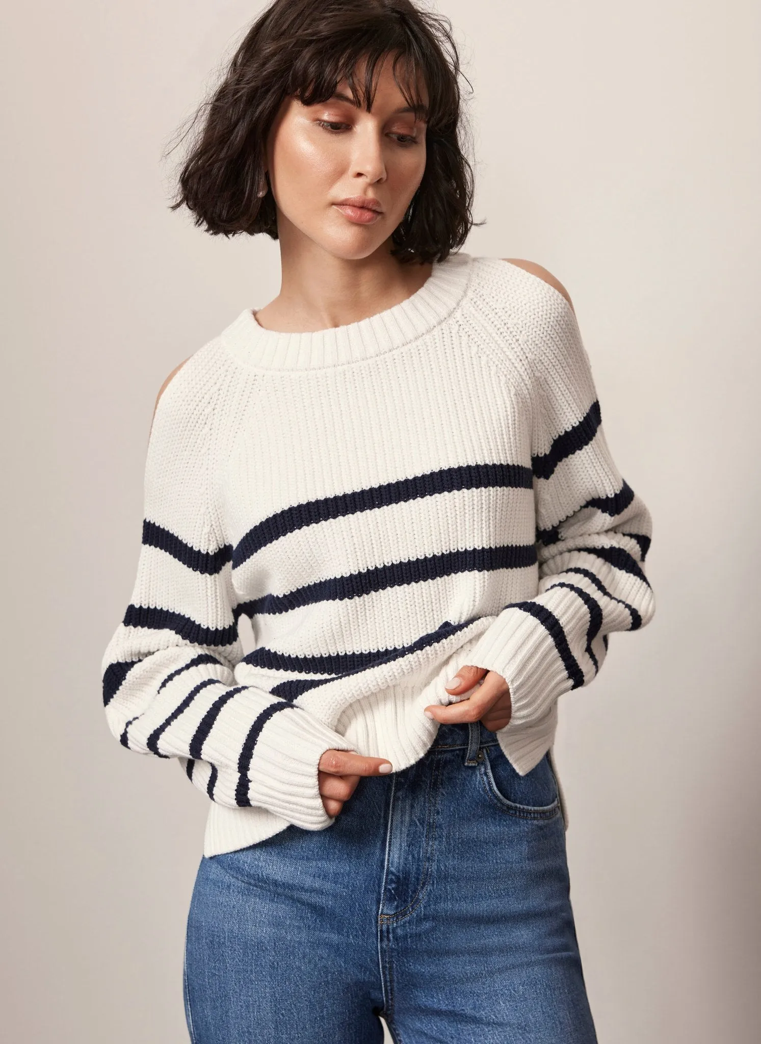 White Cotton Blend Striped Cut Out Jumper sold by Mint Velvet