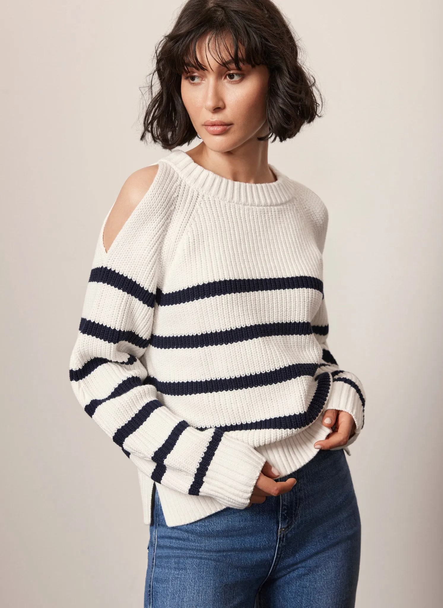 White Cotton Blend Striped Cut Out Jumper sold by Mint Velvet product image thumbnail 2