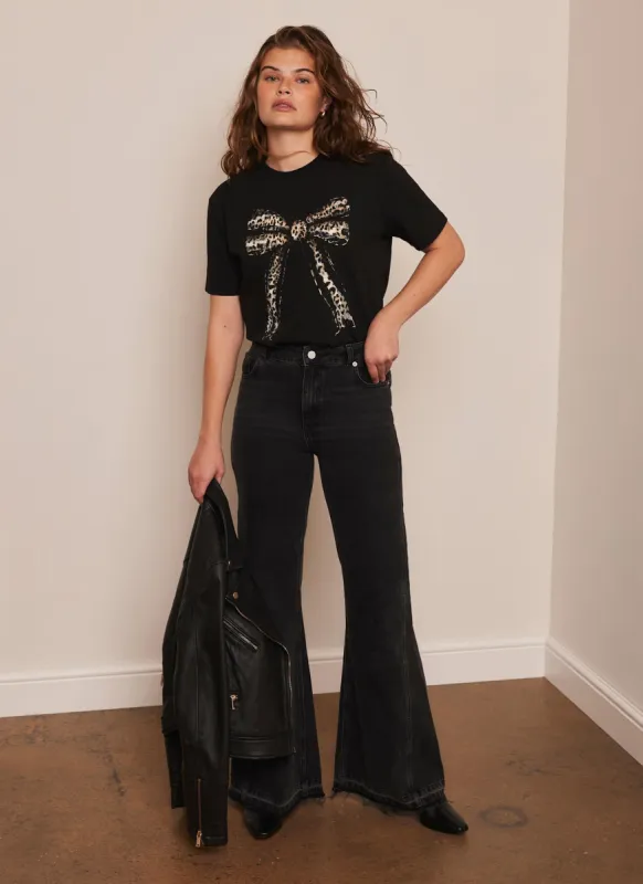 Black Leopard Graphic Bow T-Shirt sold by Mint Velvet