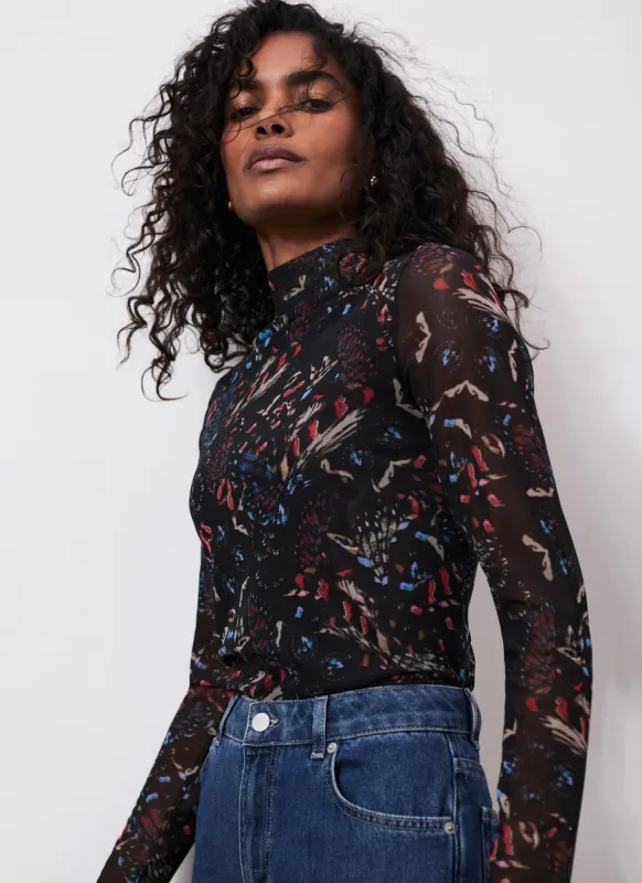 Black Abstract Print Mesh Top sold by Mint Velvet