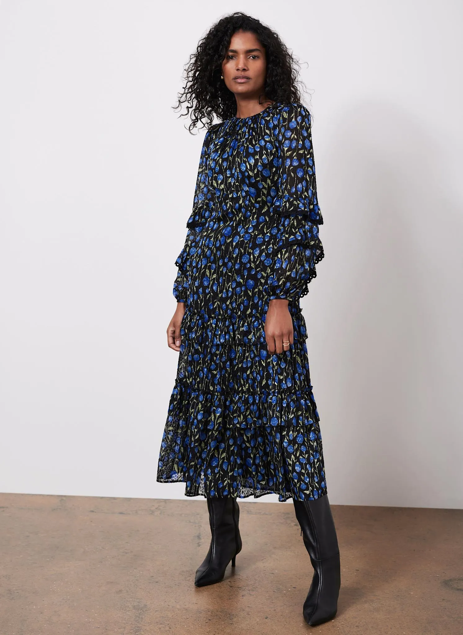 Blue Floral Print Ruched Midi Dress sold by Mint Velvet