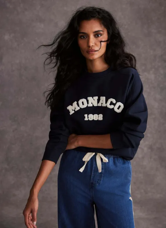 Navy Monaco Slogan Sweatshirt sold by Mint Velvet