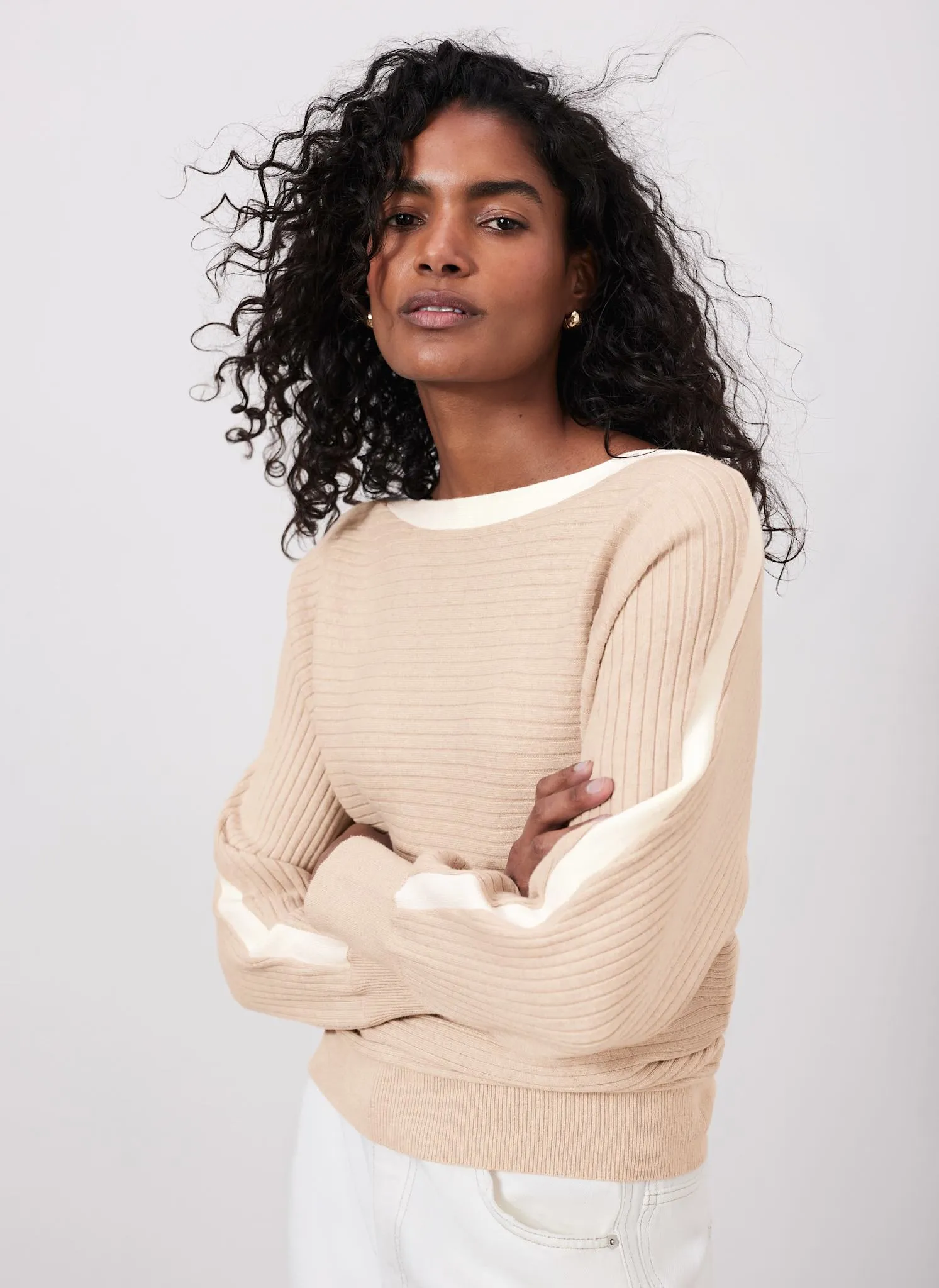 Neutral Cotton Blend Ribbed Batwing Jumper sold by Mint Velvet product image thumbnail 2