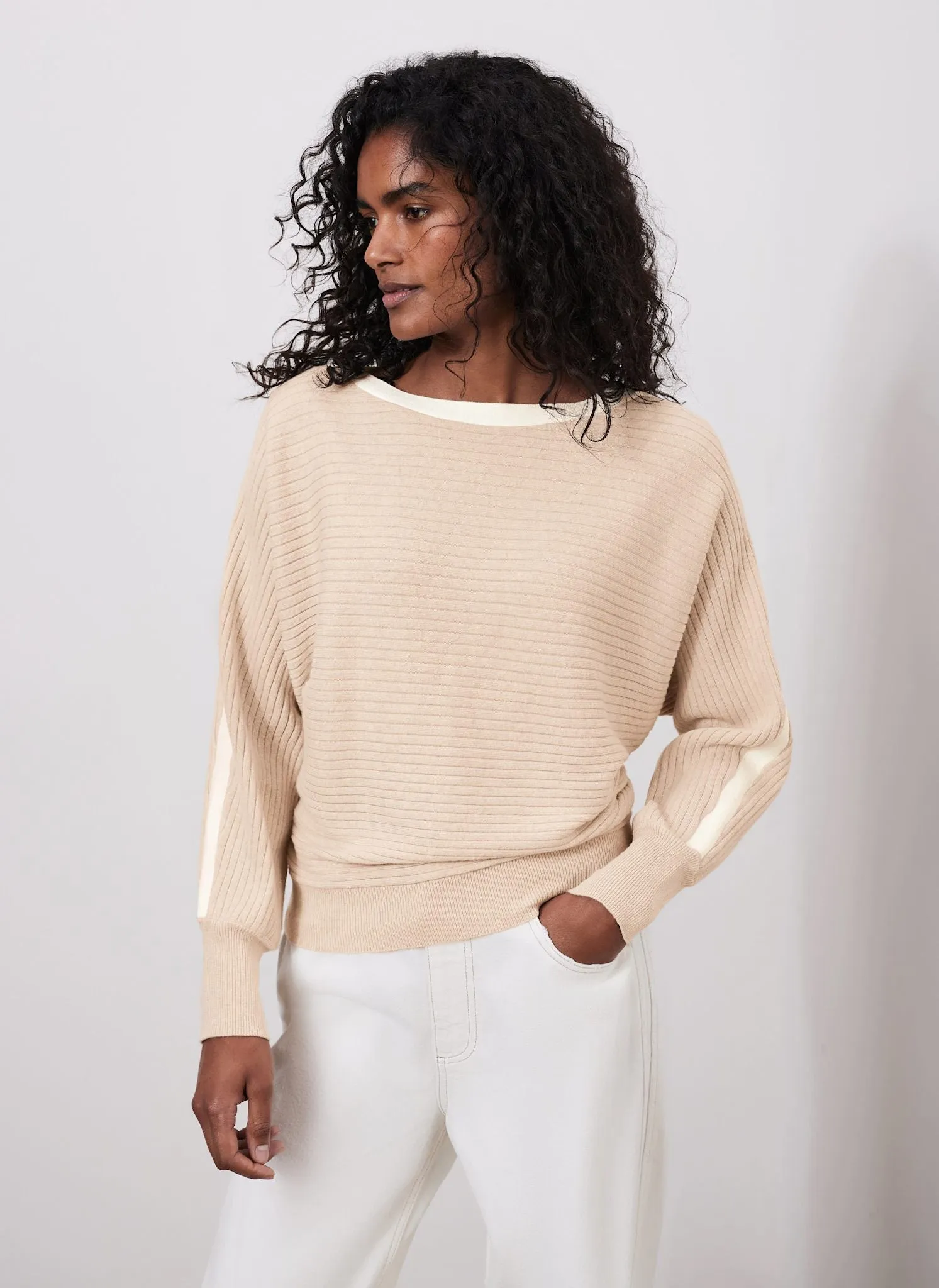 Neutral Cotton Blend Ribbed Batwing Jumper sold by Mint Velvet product image thumbnail 4