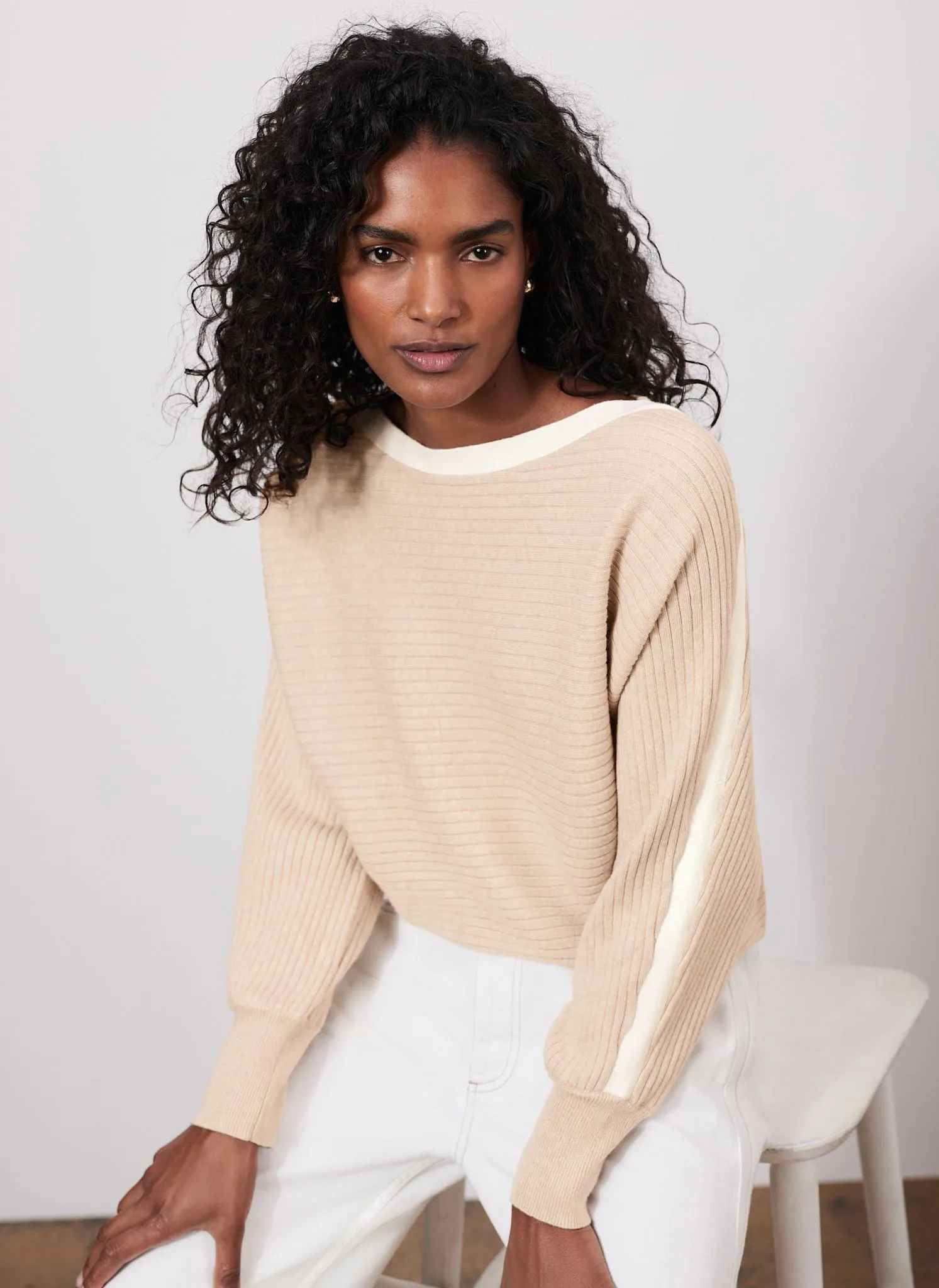 Neutral Cotton Blend Ribbed Batwing Jumper sold by Mint Velvet product image thumbnail 5