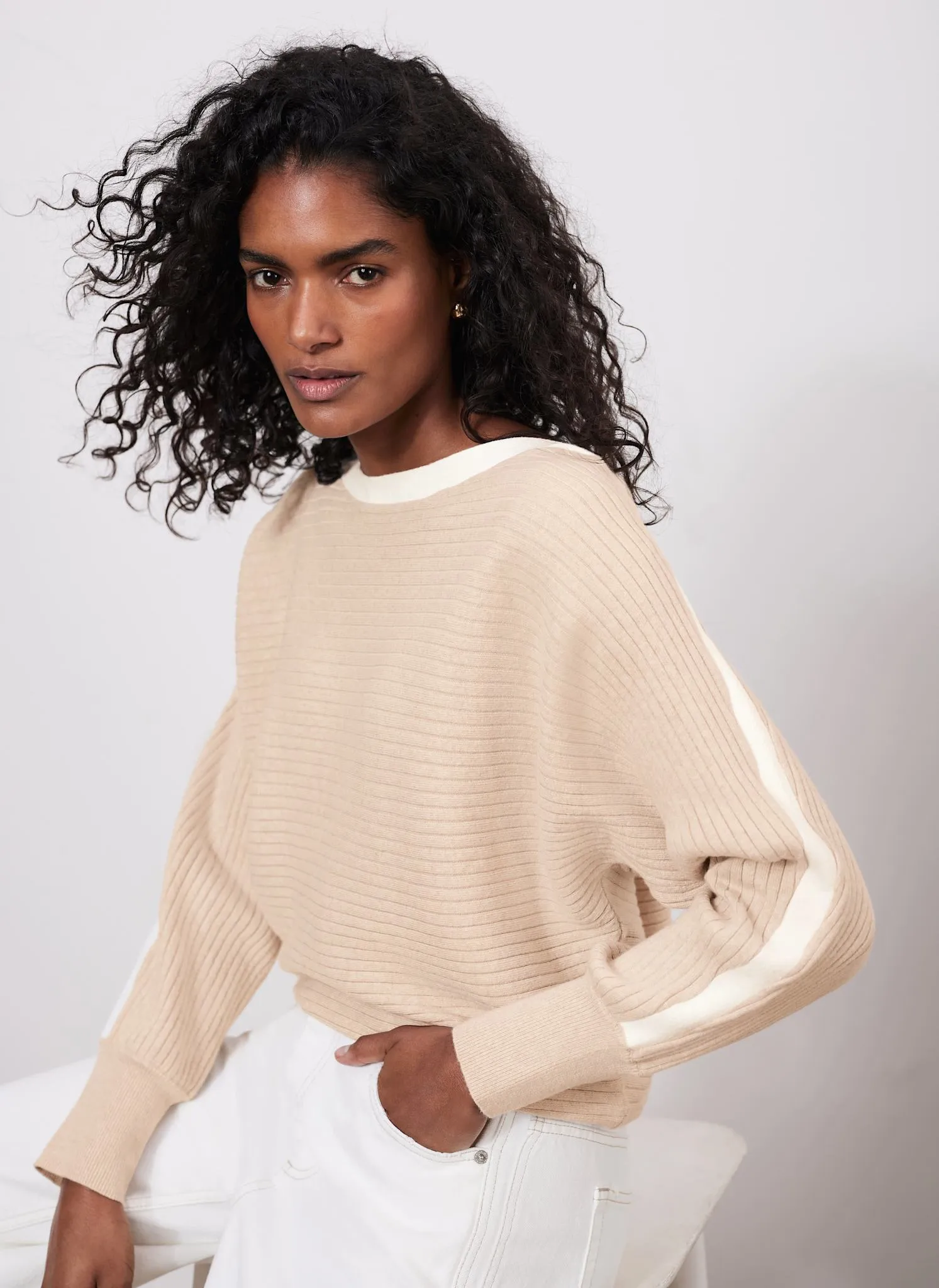 Neutral Cotton Blend Ribbed Batwing Jumper sold by Mint Velvet product image thumbnail 3