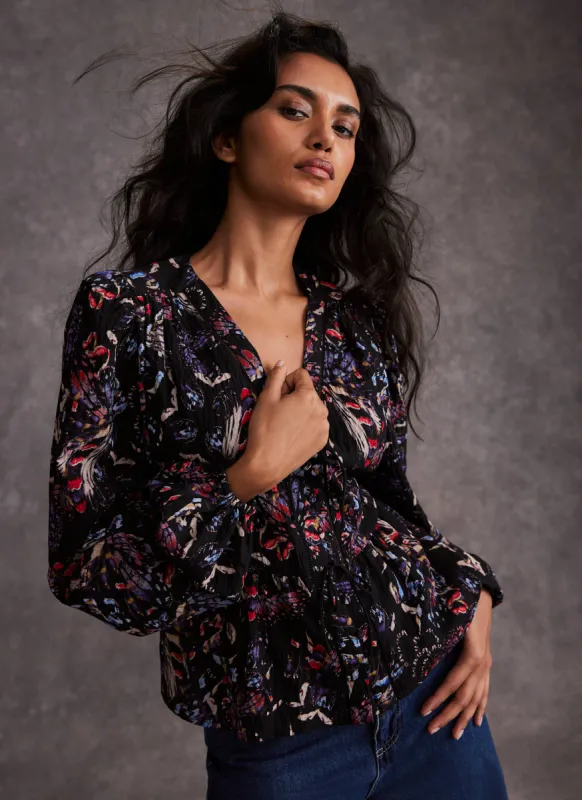 Black Abstract Print Tie Detail Top sold by Mint Velvet