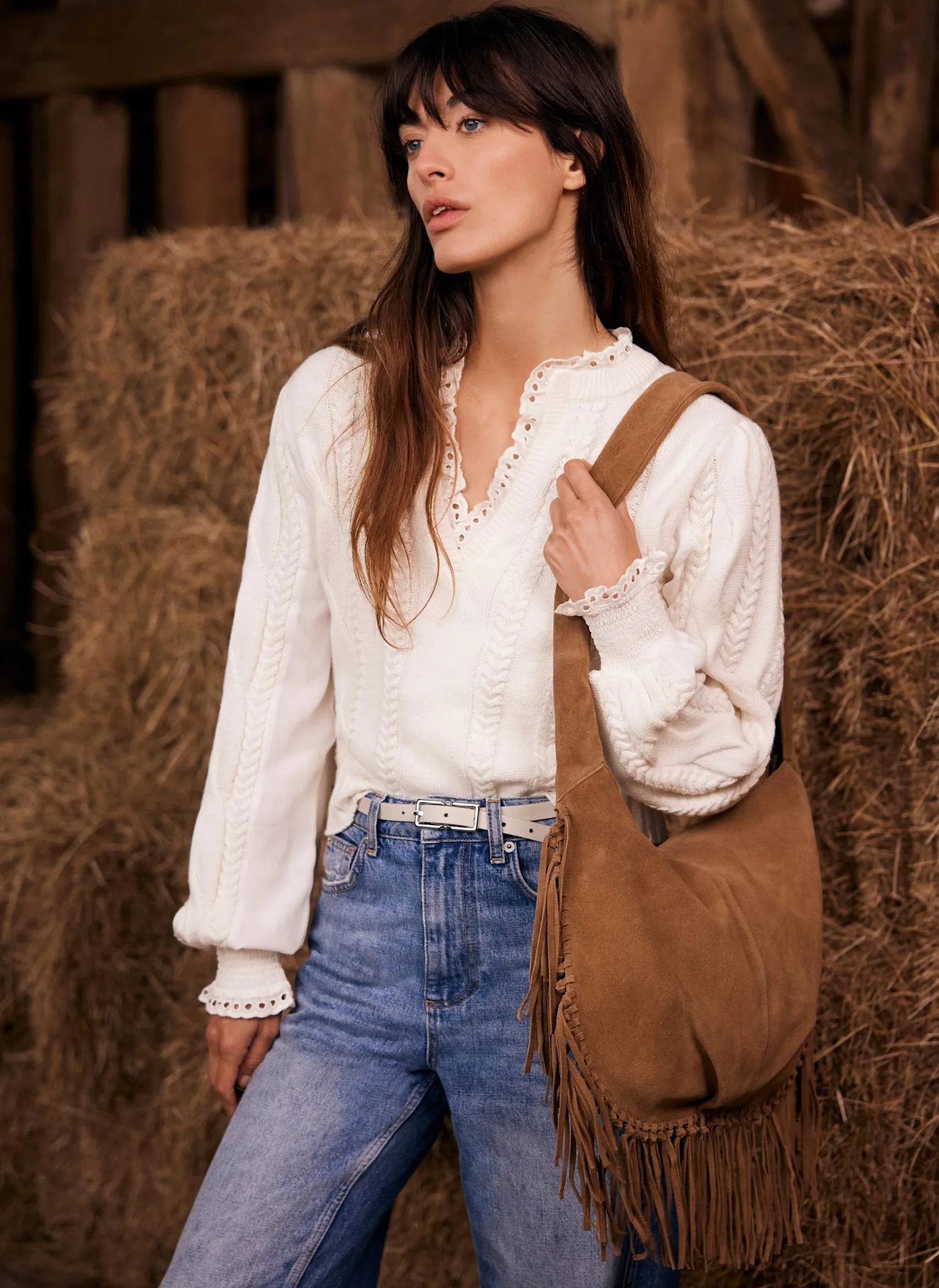 Neutral Fringed Suede Bag sold by Mint Velvet