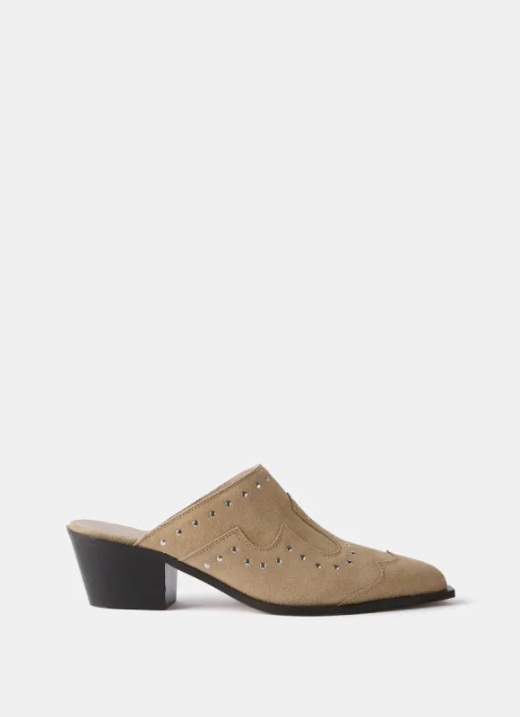Serena Neutral Suede Western Mules sold by Mint Velvet