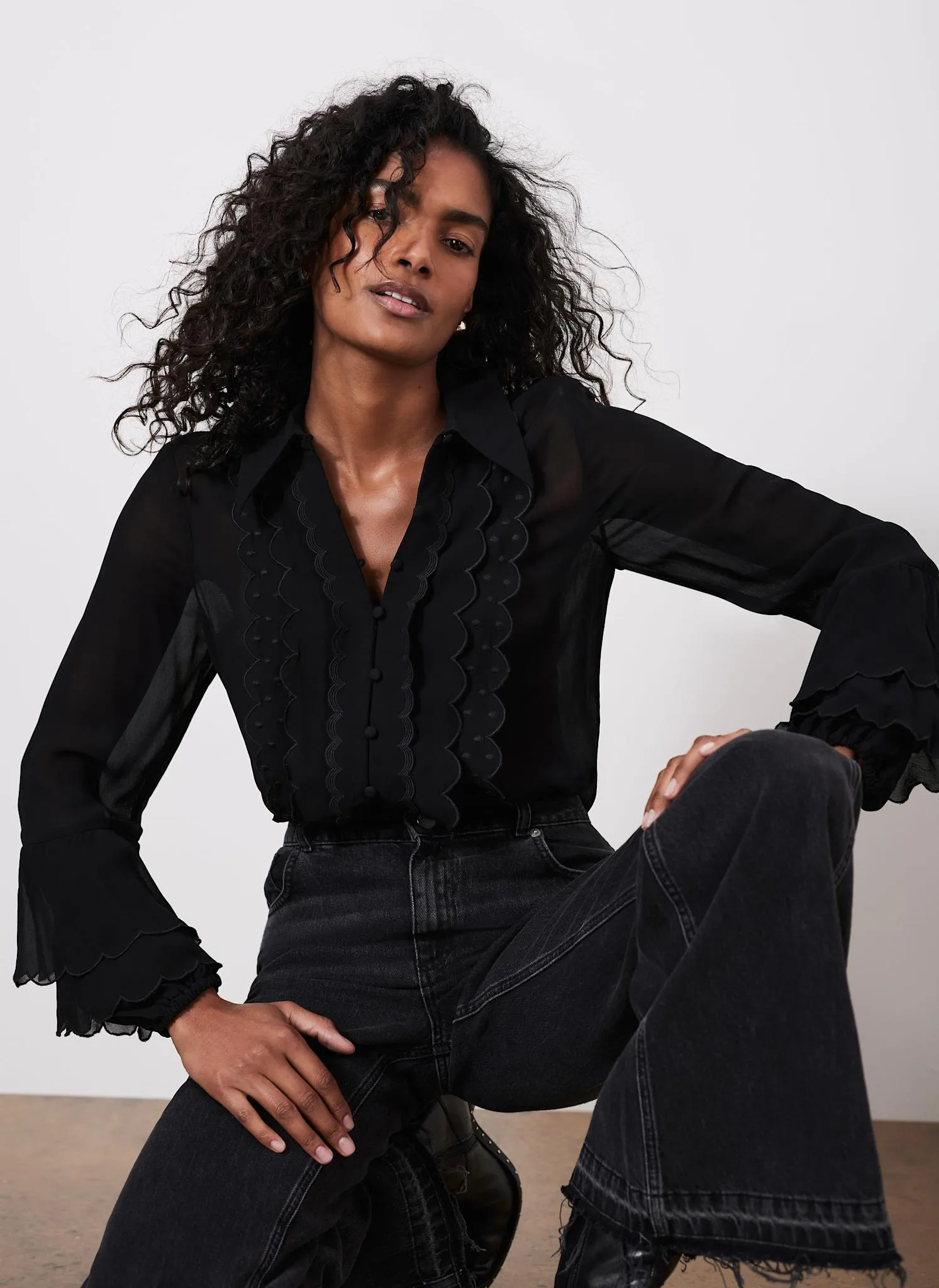 Black Scallop Detail Shirt sold by Mint Velvet