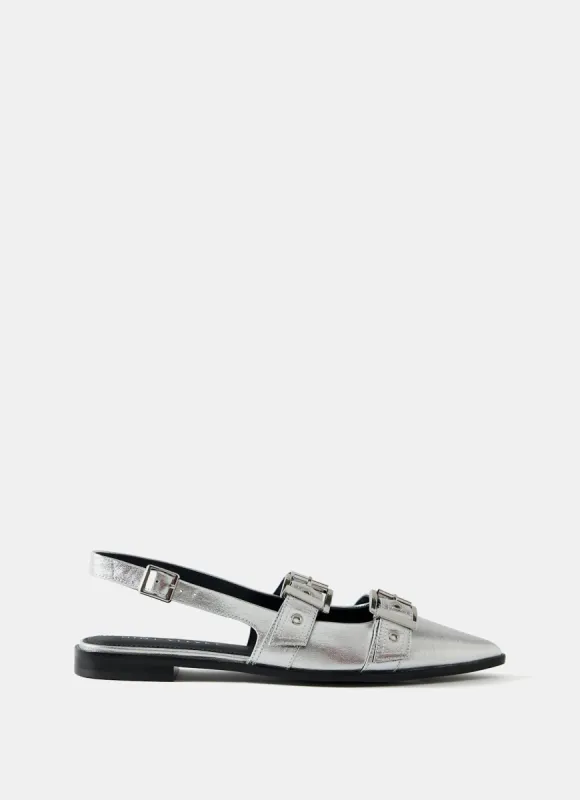 Ella Silver Leather Buckled Flat Shoes sold by Mint Velvet