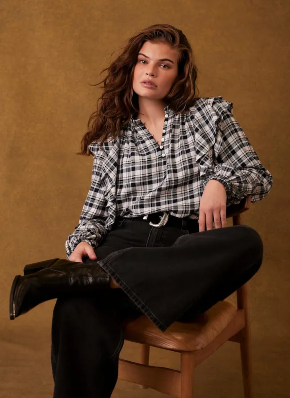 Navy Checked Ruffle Blouse sold by Mint Velvet
