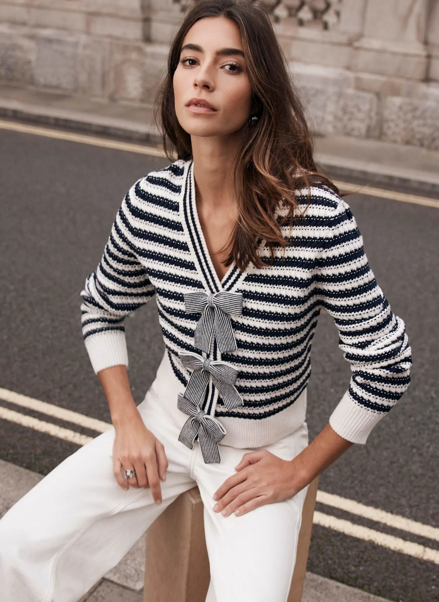 Navy Striped Cotton Blend Bow Cardigan sold by Mint Velvet product image thumbnail 5