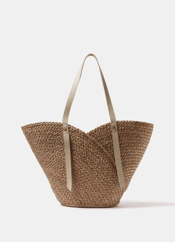 Neutral Scallop Leather Trim Straw Bag sold by Mint Velvet
