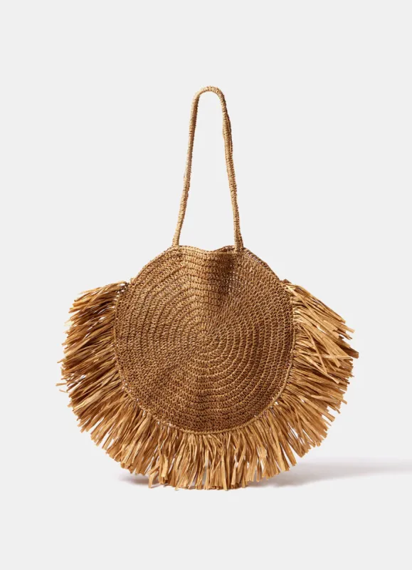 Neutral Circular Woven Fringe Bag sold by Mint Velvet