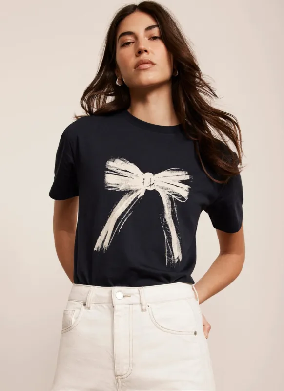 Navy Graphic Bow Cotton T-Shirt sold by Mint Velvet